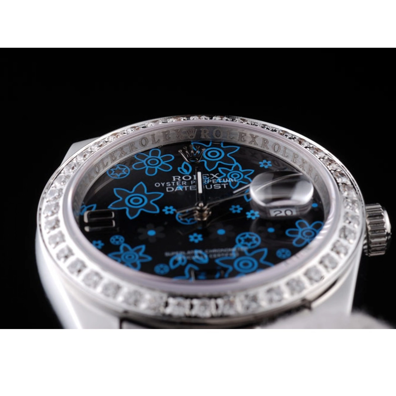 Good Copy Rolex Watches Dial Plated Stainless Steel Datejust Rolex Dark Diamond Polished Flowers Blue 0825